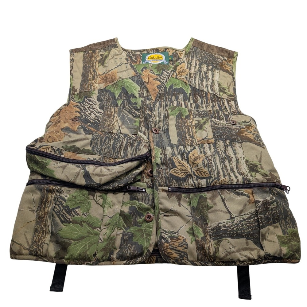 Cabelas Hunting Vest Mens Large Green Realtree Camo Padded Seat Orange‎ Flag